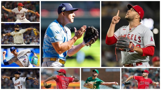 The Angels head to spring training with a bullpen that includes faces new and old. Clockwise from top right, Carlos Estévez, Matt Moore, Adam Kolarek, José Soriano, Jose Cisnero, Adam Cimber, Luis Garcia, Ben Joyce and Robert Stephenson, could all be significant contributors in 2024. (Photos by The Associated Press and Getty Images)
