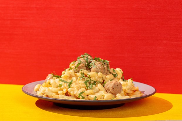 Jose Peterson's Swedish Meatball on top of Mac and Cheese and French Fries served during the Peanuts Celebration at Knott's Berry Farm. (Photo courtesy of Knott's)