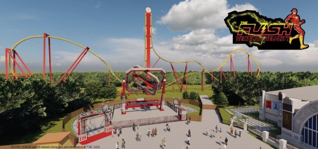 Concept art of The Flash: Vertical Velocity coaster at Six Flags Great Adventure. (Courtesy of Six Flags)